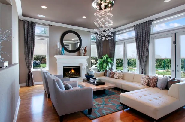 Modern living room with clean and shiny wooden furniture